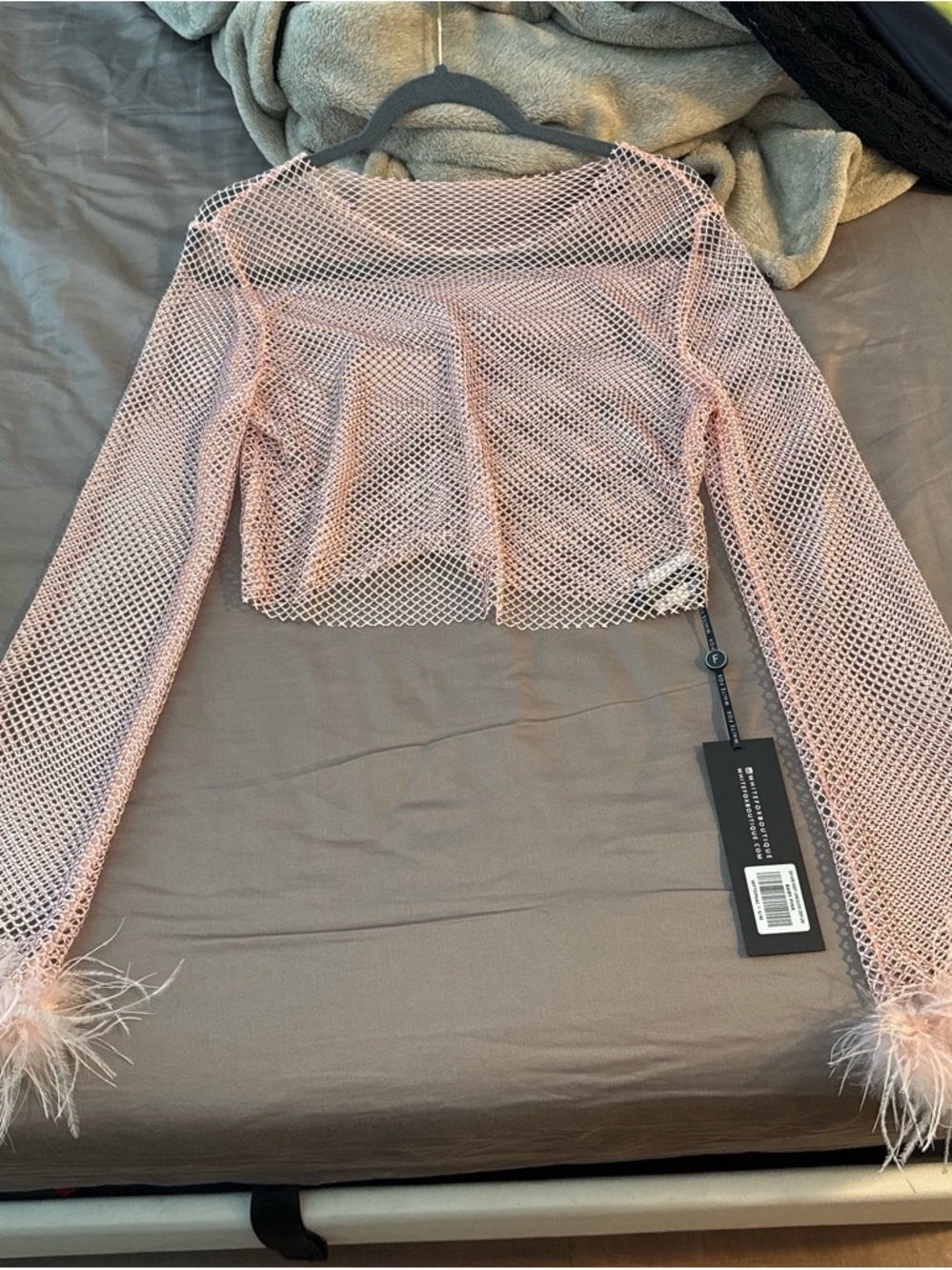 White Fox Boutique Pink Sheer Mesh Cropped Top with Feather Trim